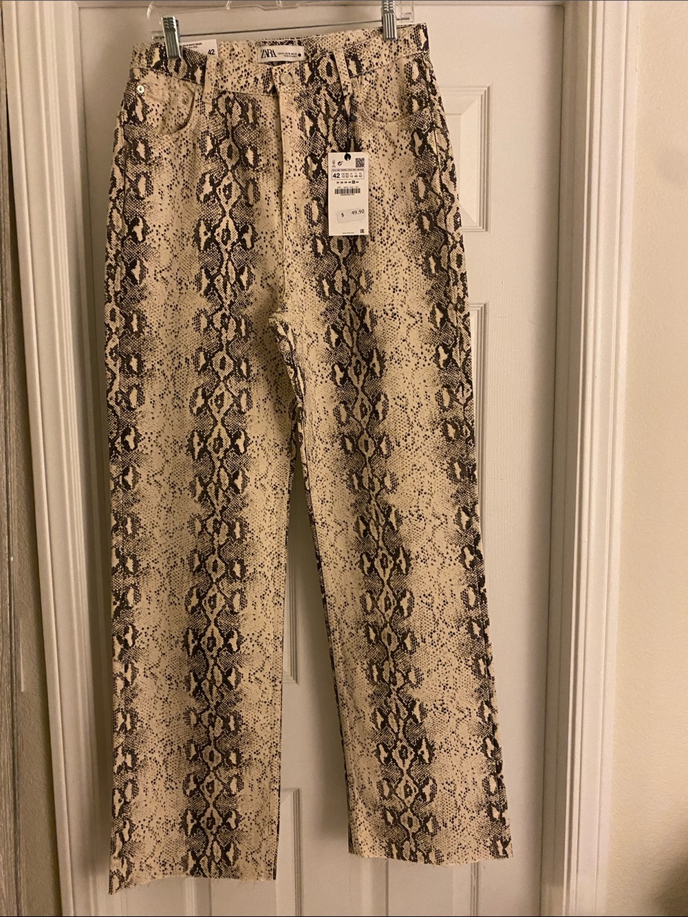 Zara Beige and Brown Snake-Print Straight Jeans